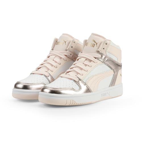 PUMA Unisex-Child Rebound Layup Mid Shoes, White-Jasmine Flower-Gold SS26, 4, Big Kid
