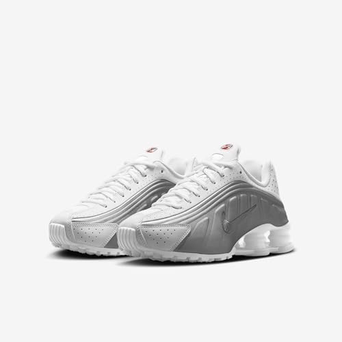 Nike Shox R4 Big Kids' Shoes (CW2626-101, White/White/Bright Crimson/Metallic Silver) Size 5.5