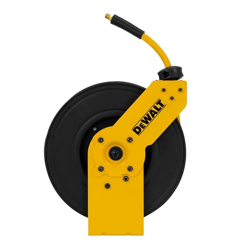 DEWALT 3/8 in. x 50 ft. Single Arm Air Hose Reel for Air Compressor, Auto Retracting Rubber Hose, Professional Grade, All Steel Construction, Retractable Hose, Durable and Efficient Design