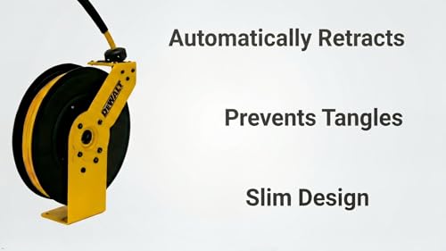 DEWALT 3/8 in. x 50 ft. Single Arm Air Hose Reel for Air Compressor, Auto Retracting Rubber Hose, Professional Grade, All Steel Construction, Retractable Hose, Durable and Efficient Design