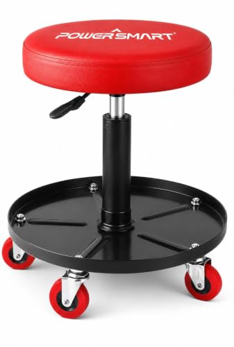 PowerSmart 330LBS Pneumatic Roller Seat with Wheels, 18"-23" Adjustable Rolling Mechanic Stool with Tool Tray, Swivel Creeper Seat, Hydraulic Garage Shop Stool for Auto Repair, Detailing & Workshop
