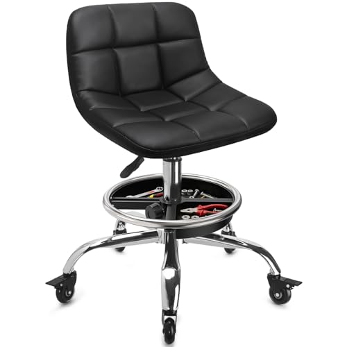 LWADALN Rolling Shop Stool Mechanics Rolling Chair with Backrest, Adjustable Height Heavy Duty Garage Stool with Footrest and Storage Tray, Swivel Task Chair for Workshop (Black-with Tool Tray)