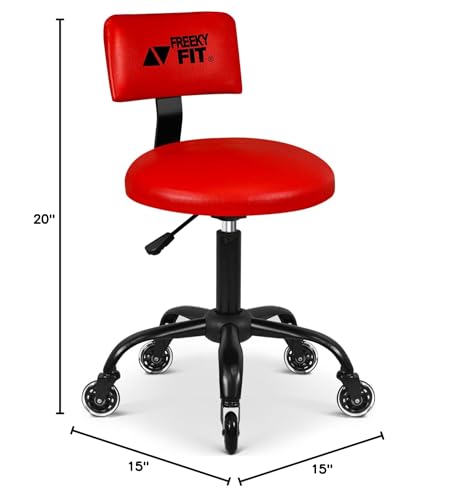 FreekyFit Rolling Shop Stool with Wheels, Mechanic Garage Short Stool Chair with Adjustable Height 15.55"-18.3", Heavy Duty Swivel Roller Seat for Garage, Salon and Tattoo Beauty, Red