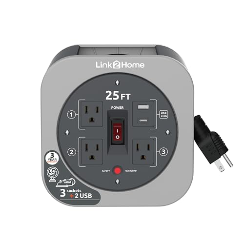 Link2Home 25 Ft. Retractable Extension Cord Reel, 3 Outlets, Gray