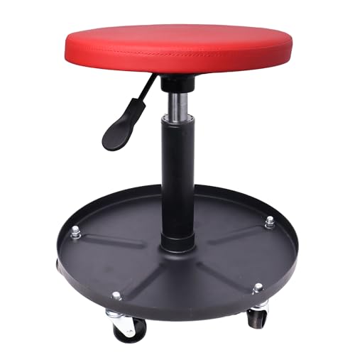 QCUNMAG Mechanic Stool, 300 LBS Rolling Pneumatic Creeper Garage/Shop Seat, Adjustable Height Padded Rolling Workshop Stool with Tool Tray, for Garage, Shop, Auto Repair (Red)
