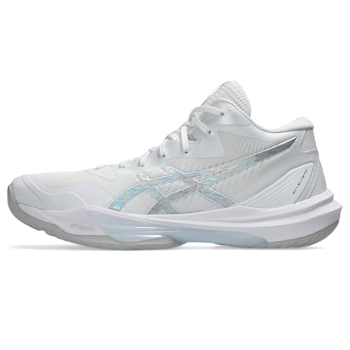 ASICS Unisex Sky Elite FlyteFoam Mid Top 3 Volleyball Shoes, 8M / 9.5W, White/Pure Silver