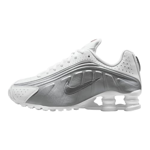 Nike Shox R4 Big Kids' Shoes (CW2626-101, White/White/Bright Crimson/Metallic Silver) Size 5.5