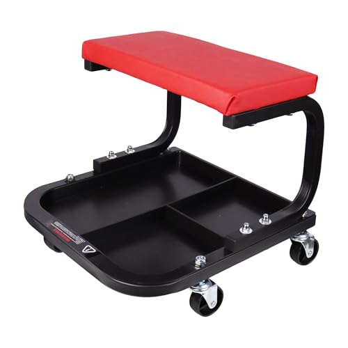 QCUNMAG Rolling Creeper Garage/Shop Seat, Padded Rolling Workshop Stool with Tool Tray Storage, Mechanic Stool for Garage, Shop, Auto Repair, 250 LBS Capacity, Red