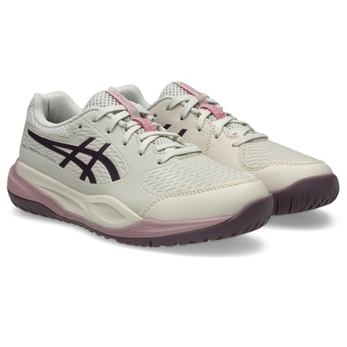 ASICS Kid's Gel-Resolution X GS Tennis Shoes, 6, Soft Oat/Dark Aubergine