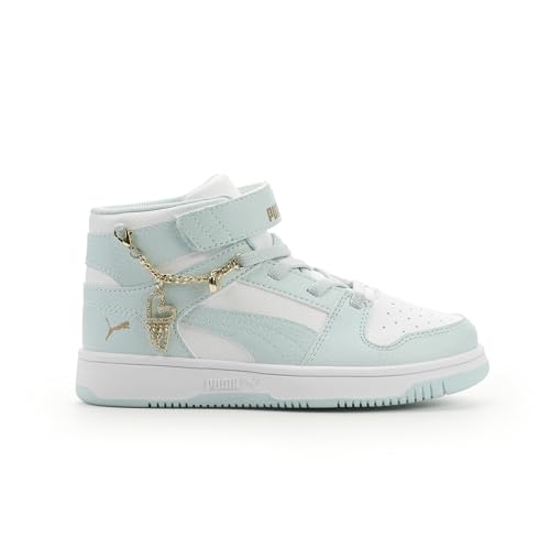 PUMA Unisex-Child Rebound Layup Mid Hook and Loop Shoes, White-Fresh Water- Gold SS26, 13.5, Little Kid