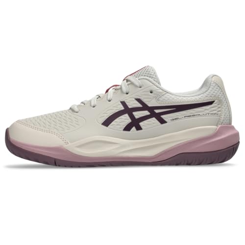 ASICS Kid's Gel-Resolution X GS Tennis Shoes, 6, Soft Oat/Dark Aubergine