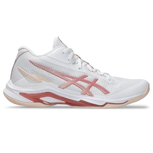 ASICS Women's Netburner Ballistic FlyteFoam Mid Top 4 Volleyball Shoes, 8.5, White/Rose Rouge