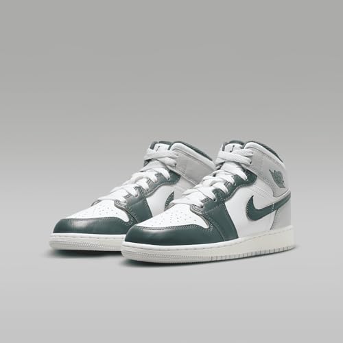 Air Jordan 1 Mid SE Big Kids' Shoes (FQ8088-103, White/Sail/Neutral Grey/Oxidized Green) Size 6