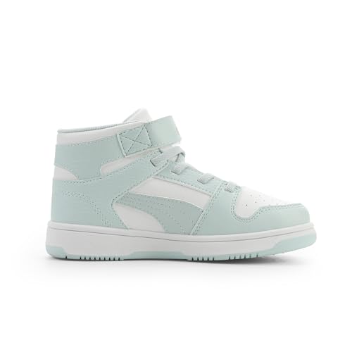 PUMA Unisex-Child Rebound Layup Mid Hook and Loop Shoes, White-Fresh Water- Gold SS26, 13.5, Little Kid