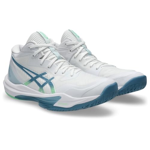 ASICS Men's Sky Elite FlyteFoam Mid Top 3 Volleyball Shoes, 10.5, White/SABA Blue