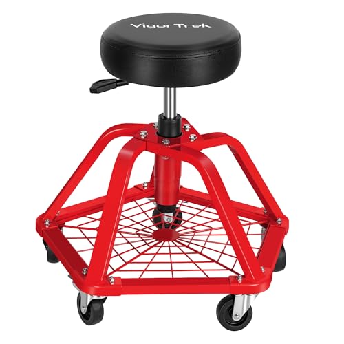 VigorTrek Rolling Shop Stool with Wheels and Adjustable Pneumatic Mechanic Stool, Heavy Duty Garage Stool & Shop Chair with Storage Tray, 300 lbs Capacity