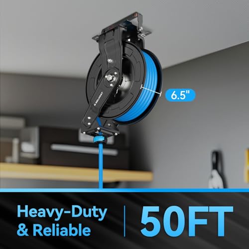 Relhost Retractable Air Hose Reel, 50 ft x 3/8 in Hybrid Air Hose Max 300PSI, Heavy Duty Air Compressor Hose Reel with Dual Arms, Auto Rewind, 180° Swivel Ceiling/Wall Mount for Garages, Workshops