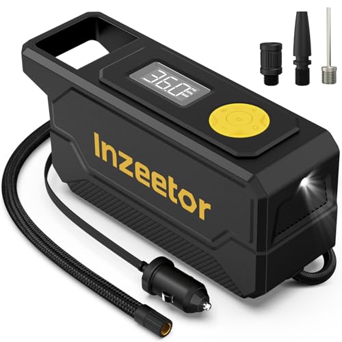 Inzeetor 150 PSI Tire Inflator Portable Air Compressor with Digital Pressure Gauge, 12V DC Auto Shutoff Air Pump Emergency LED Light for Car Tires, Bicycle & Balloons, Black