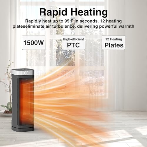 Space Heater, WINHL 17 Inches Electric Heaters for Indoor Use with Thermostat and Remote, 70°Oscillation, 12H Timer, 5 Modes, 1500W PTC Ceramic Fast Safety Heat for Office Bedroom Home