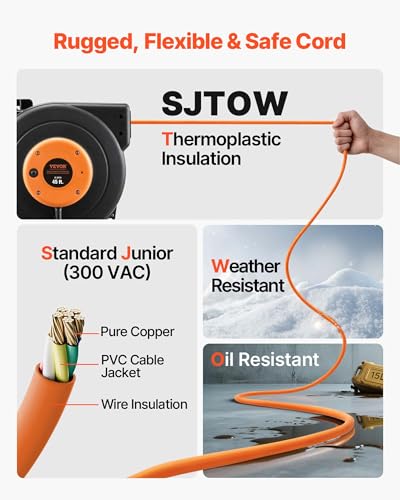 VEVOR Retractable Extension Cord Reel, 45 FT, Heavy Duty 12AWG/3C SJTOW Power Cord, with Lighted Triple Tap Outlet, 15 Amp Circuit Breaker, 180° Swivel Bracket for Ceiling or Wall Mount