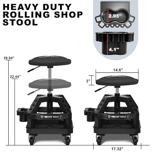 Rolling Shop Stool with Wheels, Heavy Duty Garage Work Mechanic Stool with Backrest, Adjustable Height 22.44"-28.94", 360°Swivel Rolling Chair with Tool Tray Storage, 330 LBS Capacity, Black