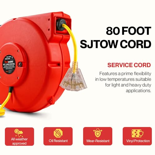 ReelWorks Extension Cord Reel Retractable Longest Industrial 12awg x 80' Foot Commercial Premium Grade Ultra Flexible 3C/SJTOW Glow Strip Cable and Led Light Up Triple Tap Connector Use Indoor/Outdoor