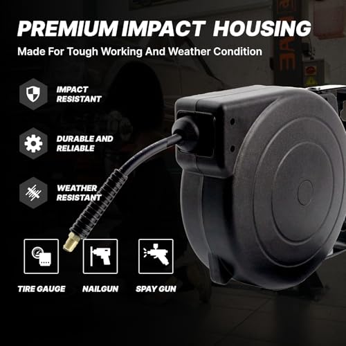 Txecpro Retractable Air Hose Reel, 1/4 IN x 45 FT Hybrid Air Hose Max 300 PSI, Air compressor hose reel with 5 ft Lead in, Ceiling/Wall Mounted air hose reel,Heavy Duty air tool