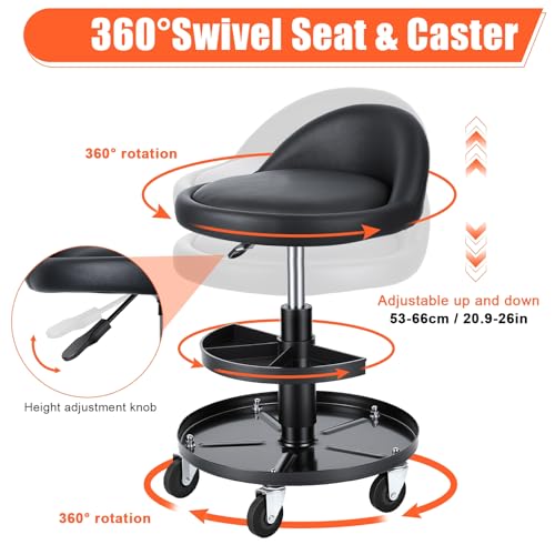 pofluany Rolling Shop Stool with Wheels, Garage Mechanic Stool with Backrest, Adjustable Height Shop Stools with Tool Tray, 300 lb Capacity Mechanic Chair for Garage, Workshop, Auto Repair Black