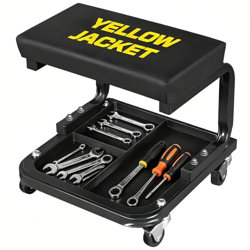 YELLOW JACKET Mechanic Rolling Stool 250 Lbs Capacity, Garage Stool on Wheels with Tool Tray Storage, Work Stools with Wheels for Garage, Shop, Mechanic Chair with Wheels, Auto Repair