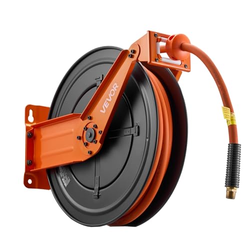 VEVOR Retractable Air Hose Reel, 1/2 Inch x 50 FT Rubber Air Hose Max 300PSI, Auto Rewind Air-Compressor Hoses Reel with 5 ft Lead in, Ceiling/Wall Mount Heavy Duty Steel Double Arm