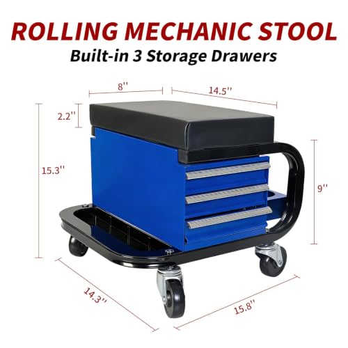 S.Walt Rolling Mechanic Stool with Wheels, Creeper Seat with 3 Built-in Tool Drawers, Side Tool Tray & Rear Bottle Tray for Shop & Work, Garage Use (14" L × 15" W × 15" H)
