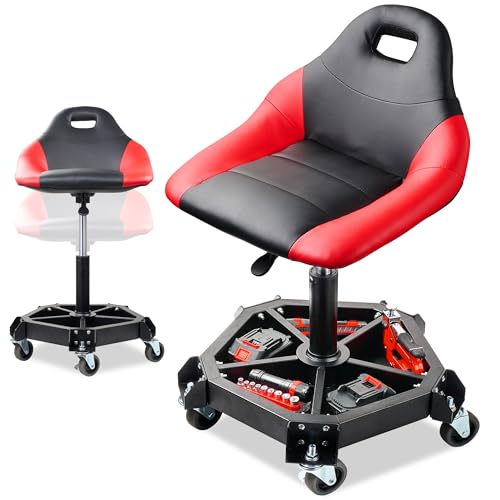Masgole Rolling Shop Stool with Wheels, 330LBS Capacity Garage Mechanic Stool Seat with Backrest and Tool Tray Storage for Workshop, Pneumatic Adjustable Height Heavy Duty Garage Chair for Work, Red
