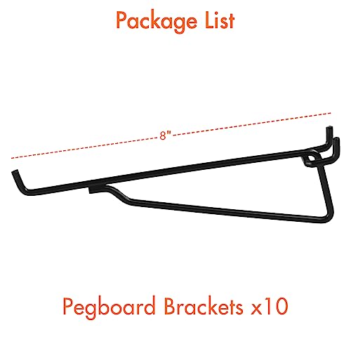 Pegboard Shelf Hooks, 10 Pack 8" Black Peg Board Brackets, Heavy Duty Steel