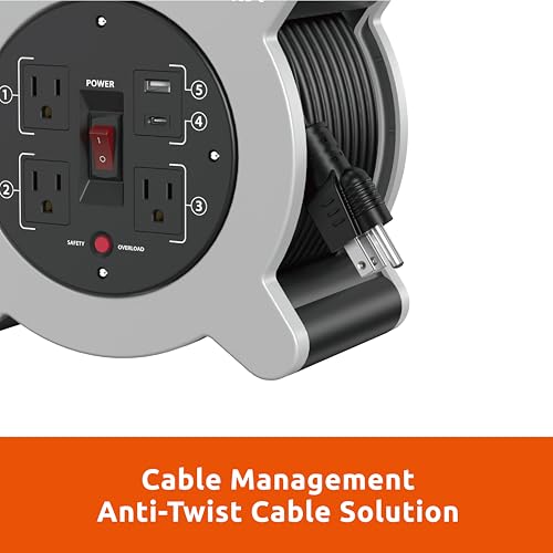 Link2Home 30 Ft. Extension Cord Reel, 3 Outlets, 2 USB Ports