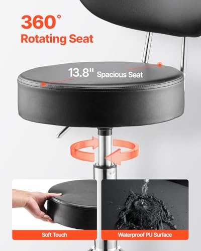 VEVOR Shop Stool with Backrest, Pneumatic Height Adjustable Garage Seat, 300 lbs Load, Roller Creeper Seat, 360 Swivel Padded Workshop Stool, Black
