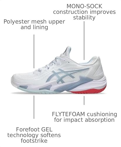 ASICS Women's Court FlyteFoam 3 Tennis Shoes, 8, White/Sky