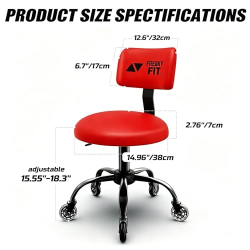 FreekyFit Rolling Shop Stool with Wheels, Mechanic Garage Short Stool Chair with Adjustable Height 15.55"-18.3", Heavy Duty Swivel Roller Seat for Garage, Salon and Tattoo Beauty, Red