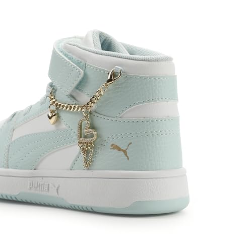 PUMA Unisex-Child Rebound Layup Mid Hook and Loop Shoes, White-Fresh Water- Gold SS26, 13.5, Little Kid