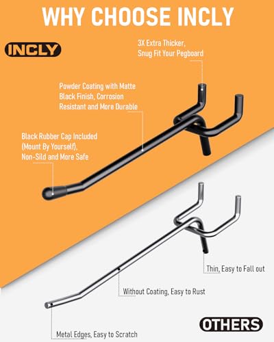 INCLY 120 Pack 2/4/6 Inch Black Pegboard Hooks, 1/4" Heavy Duty