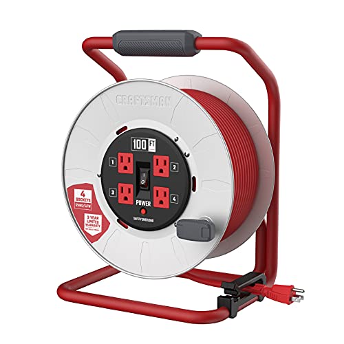 CRAFTSMAN 100 Ft. Contractor Retractable Extension Cord Reel with 4 Outlets & Heavy Duty 12AWG SJTW Cable