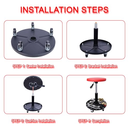 QCUNMAG Mechanic Stool, 300 LBS Rolling Pneumatic Creeper Garage/Shop Seat, Adjustable Height Padded Rolling Workshop Stool with Tool Tray, for Garage, Shop, Auto Repair (Red)