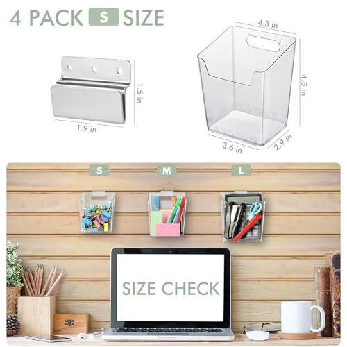 Clear Slatwall Bins, 4 Pack Slat Wall Cups with Hooks for Garage, Small
