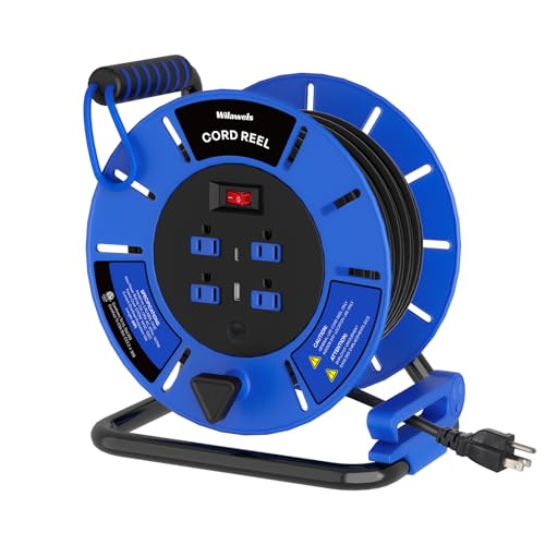 WILAWELS 60 FT Retractable Extension Cord Reel, 14AWG Heavy Duty Power Cord with 4 Grounded Outlets, USB-A & USB-C Ports, 13A 1625W, Portable Hand Crank for Indoor Outdoor Use, ETL Listed U60ACR06