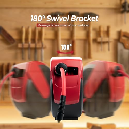 BreezeReel Retractable Air Hose Reel, 50ft x 3/8" Hybrid Air Hose Max 300PSI, Air Compressor Hose Reel, Auto Rewind & 180° Swivel - Wall/Ceiling Mount for Workshops