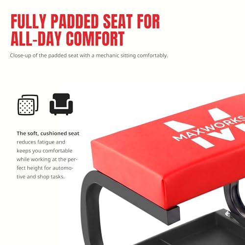 MaxWorks Mechanics Roller Seat - Heavy Duty 250 lb Capacity Rolling Creeper Stool with Padded Seat & 3-Section Tool Tray for Garage & Auto Repair (50875)