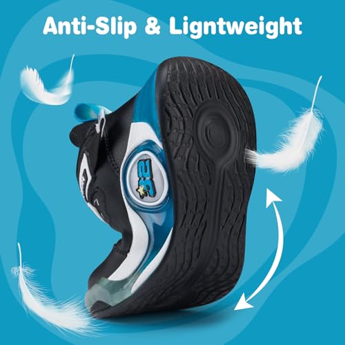 SMILIN Kids Sneakers for Boys, Lightweight Non-Slip Running Shoes with Hook & Loop Strap, Breathable Cushioned School Sports Basketball Shoes Size 11 Black