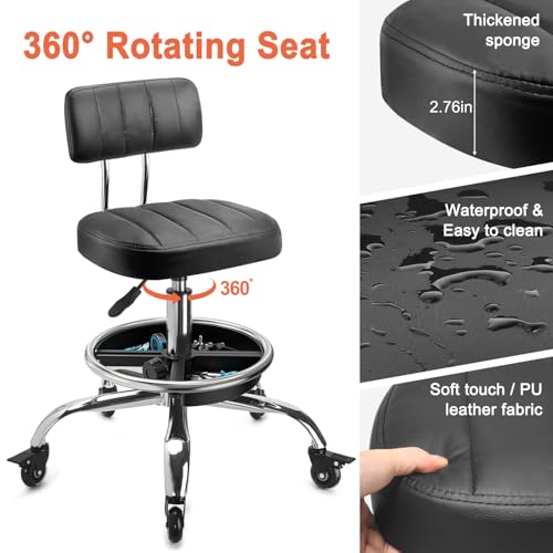 LWADALN Garage Mechanic Stool with Backrest, Height Adjustable Heavy Duty Swivel Task Chair, Rolling Workshop Stool with Tool Tray Storage, Mechanic Chair for Garage, Shop, Auto Repair (Black)