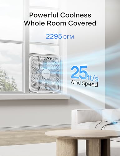 PELONIS 3-Speed, 20-Inch Box Fan for Bedroom, 5 Blades, 2295 CFM, White
