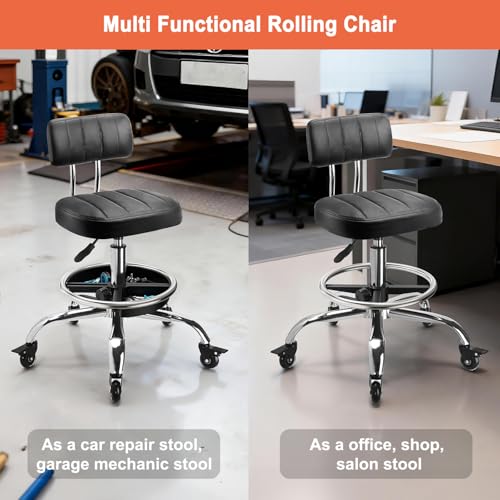LWADALN Garage Mechanic Stool with Backrest, Height Adjustable Heavy Duty Swivel Task Chair, Rolling Workshop Stool with Tool Tray Storage, Mechanic Chair for Garage, Shop, Auto Repair (Black)