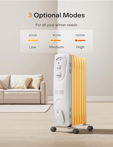 PELONIS Radiator Heater for Large Space, Electric Oil Filled Radiator, Dual Knobs, 1500W, Quiet Space Heater, 3 Modes, Tip-over Protection